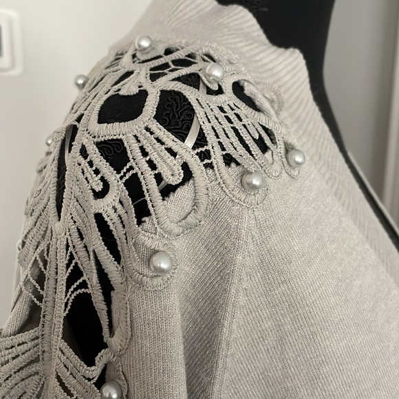 Ember Sweaters - Ember Cardigan Sweater Women Size L Gray Lace Beads Embellished Open Front NWT